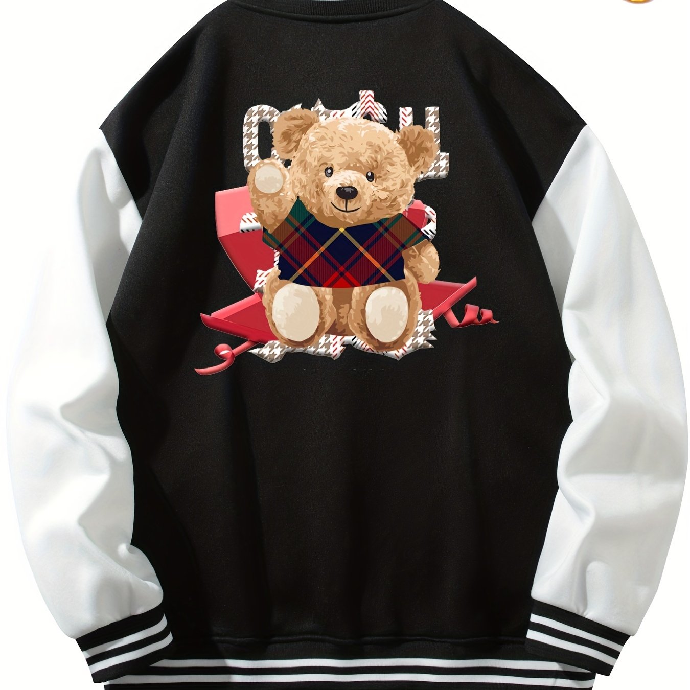 Men's Teddy Bear Print Jacket with Baseball Collar and Pocket
