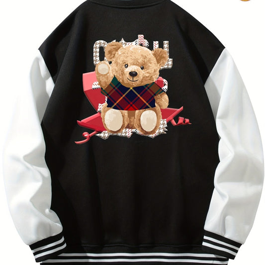 Men's Teddy Bear Print Jacket with Baseball Collar and Pocket