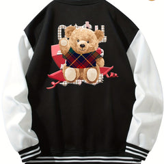 Men's Teddy Bear Print Jacket with Baseball Collar and Pocket