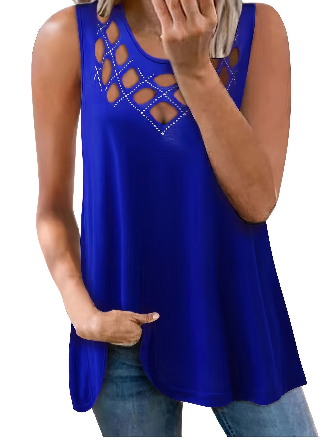  Casual Tank Top Women's Plus Solid Rhinestone Cut Out Round Neck