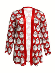  Christmas Cardigan Women's Open Front Santa Print Long Sleeve