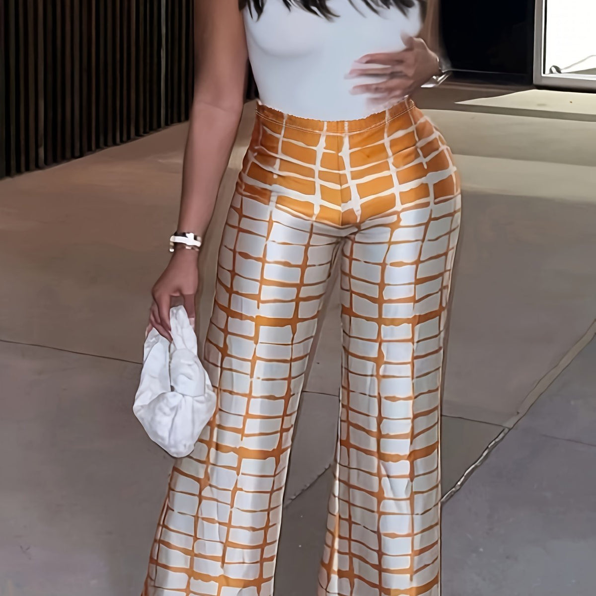  Grid Print High Rise Wide Leg Trousers