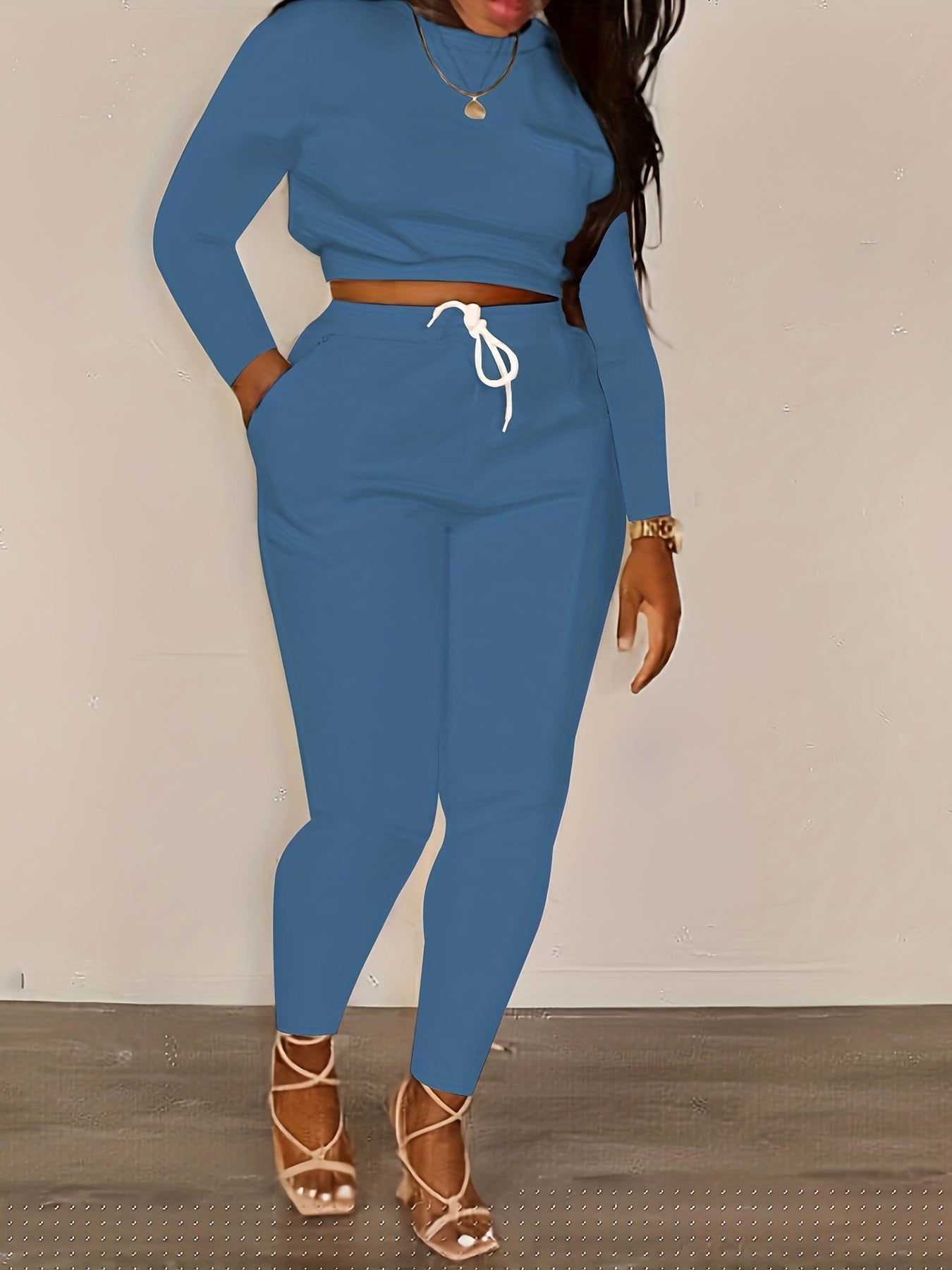 Solid Casual Two piece Set Crew Neck Long Sleeve Tops & Drawstring Elastic Waist