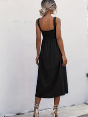 Women Solid Midi Long Dress Backless Slip Square Collar Ruched Party