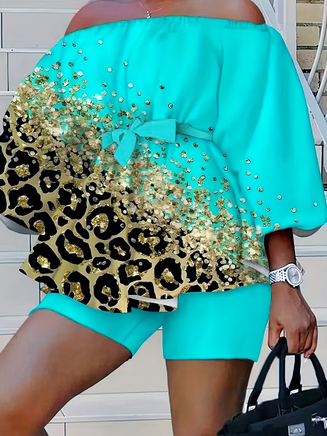  Leopard Print Off Shoulder Top & Shorts Set