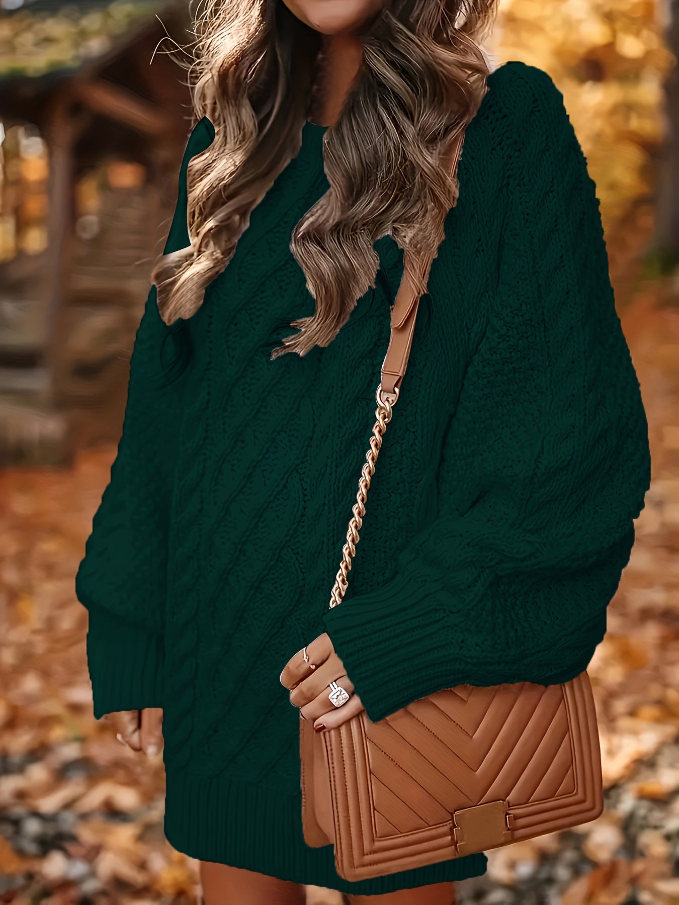  Cable Lantern Sleeve Sweater Dress Loose Fit M
