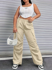  Solid High Rise Wide Leg Cargo Trousers