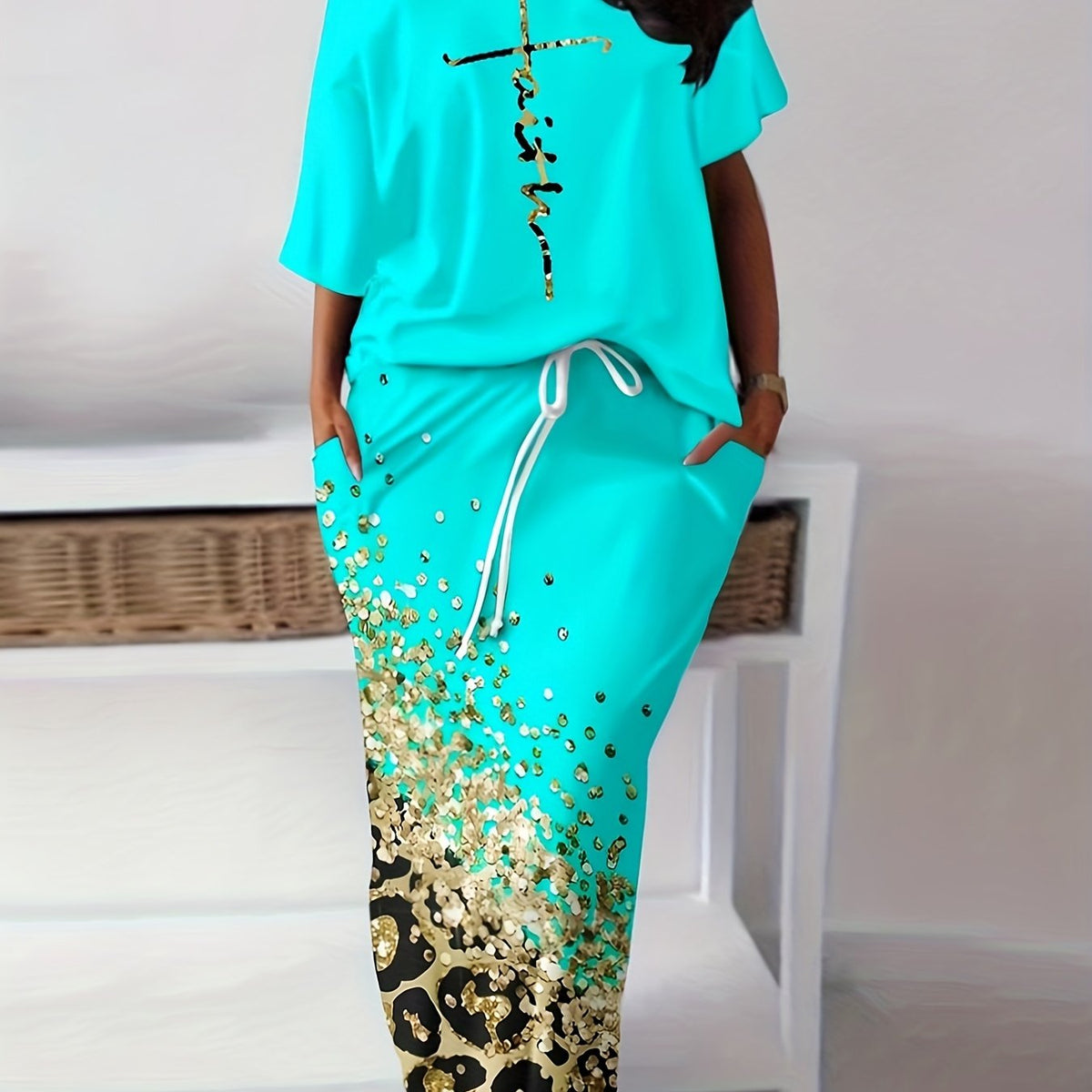Casual Two Piece Skirt Set - Letter Print Top & Leopard Print Skirt