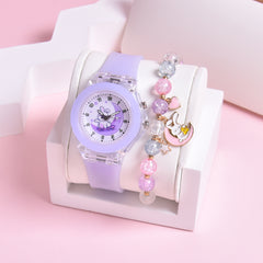 Cartoon Moon Rabbit & Heart Cat LED Watches Set for Girls
