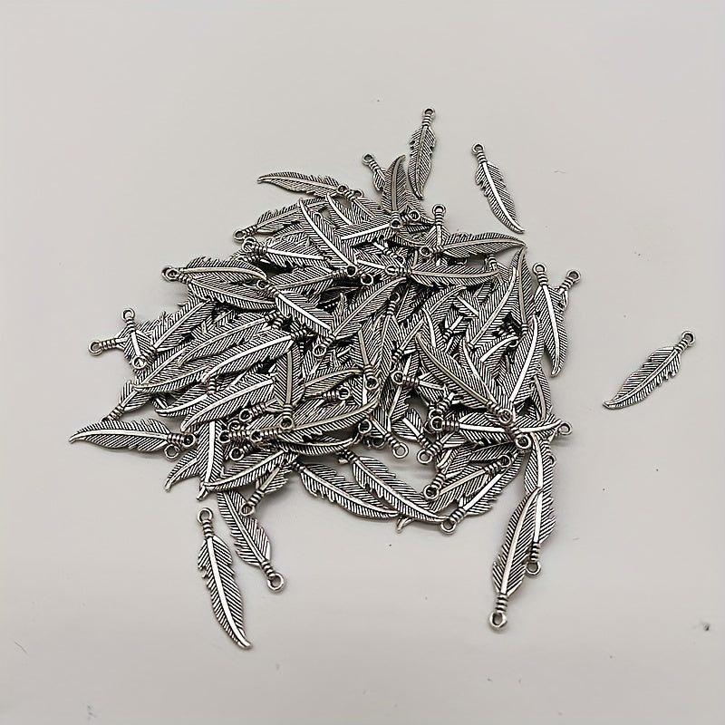 50pcs Double Sided Feather Charms Antique Silver Pendant