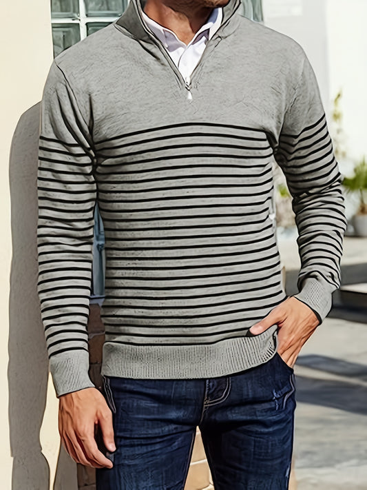 Striped Polo Shirt V Neck Pullover Sweater Men