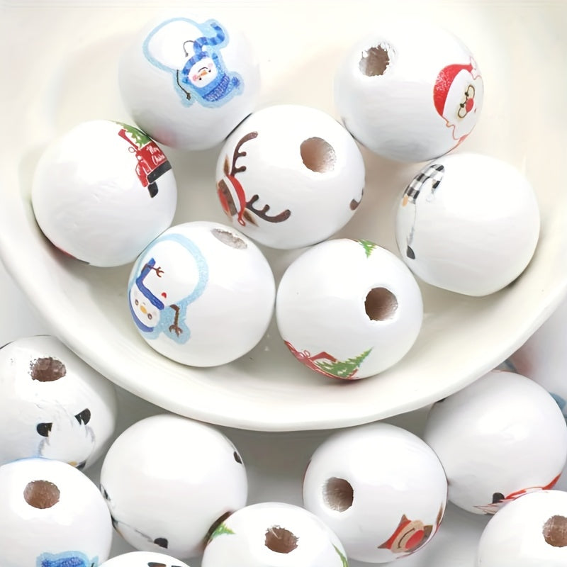 10pcs Christmas Printed Wooden Beads Set Snowman Elk Decorative