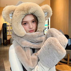 Women's Plush Bear Head Hat Scarf Gloves Set for Winter
