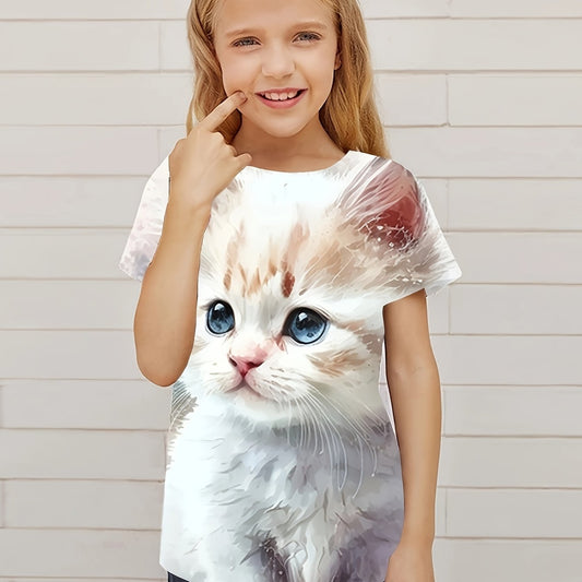 Funny Kitty Graphic Short Sleeve T-shirt For Girls