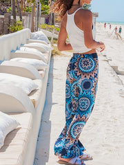 Boho Floral Print Loose Straight Pants Elastic High Waist