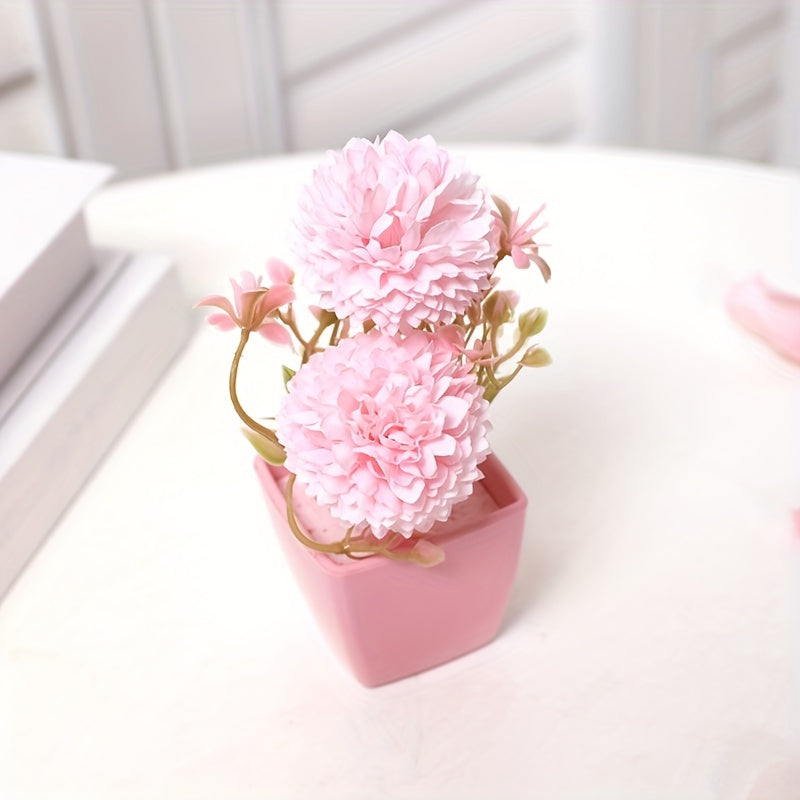 5pcs Artificial Flower Green Plant with Pink Flower Small Potted Plant