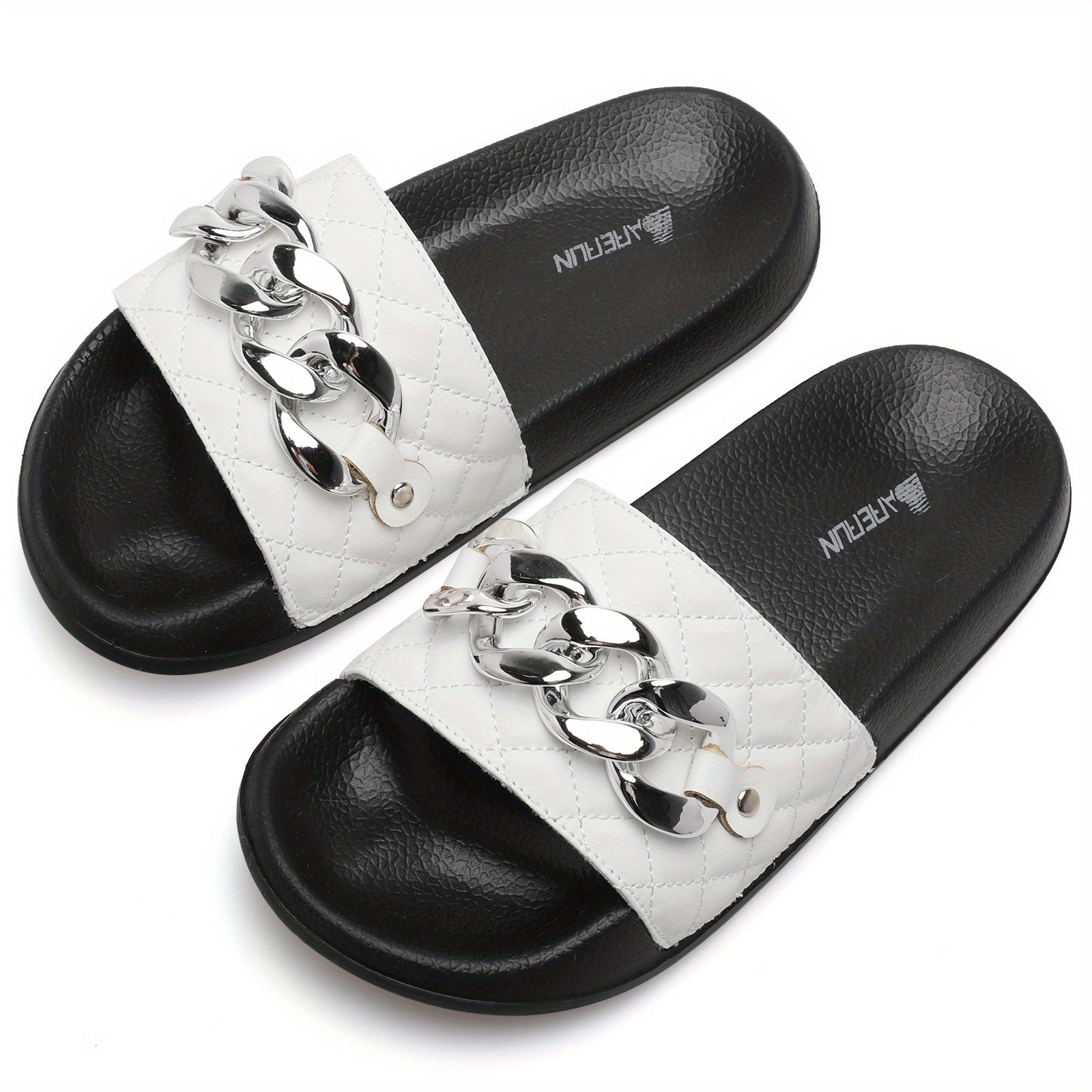 Women's Chain Decor Quilted Slide Shoes, Arch Support Sandals