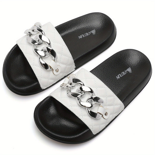 Women's Chain Decor Quilted Slide Shoes, Arch Support Sandals
