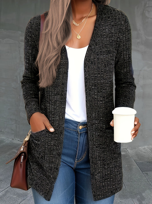  Solid Long Sleeve Open Front Cardigan With Pockets