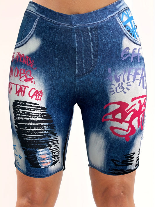 Plus Denim & Letter Print High Rise Skinny Shorts