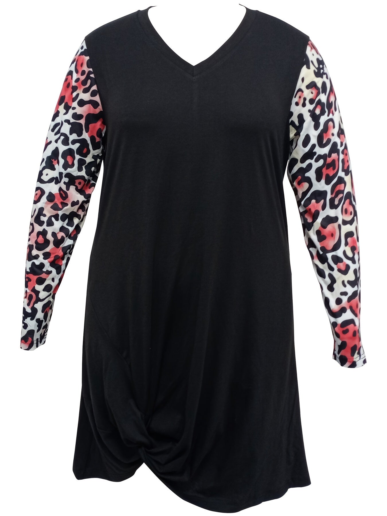  Colorblock Leopard Print V-Neck Ruched Dress