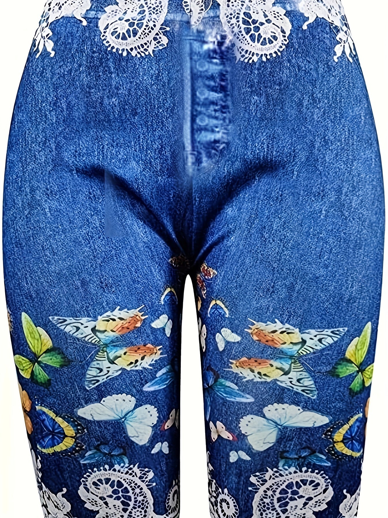 Floral & Denim Print Casual Leggings for Women