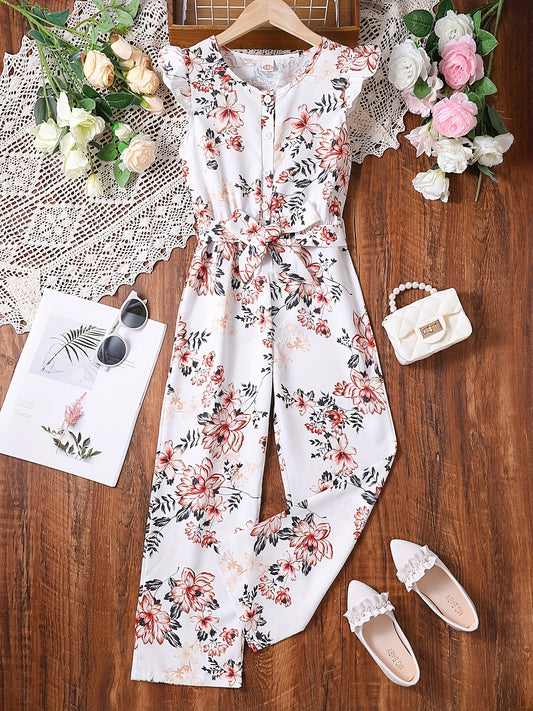 Girls Flutter Sleeve Button Jumpsuits Kids Summer Clothes