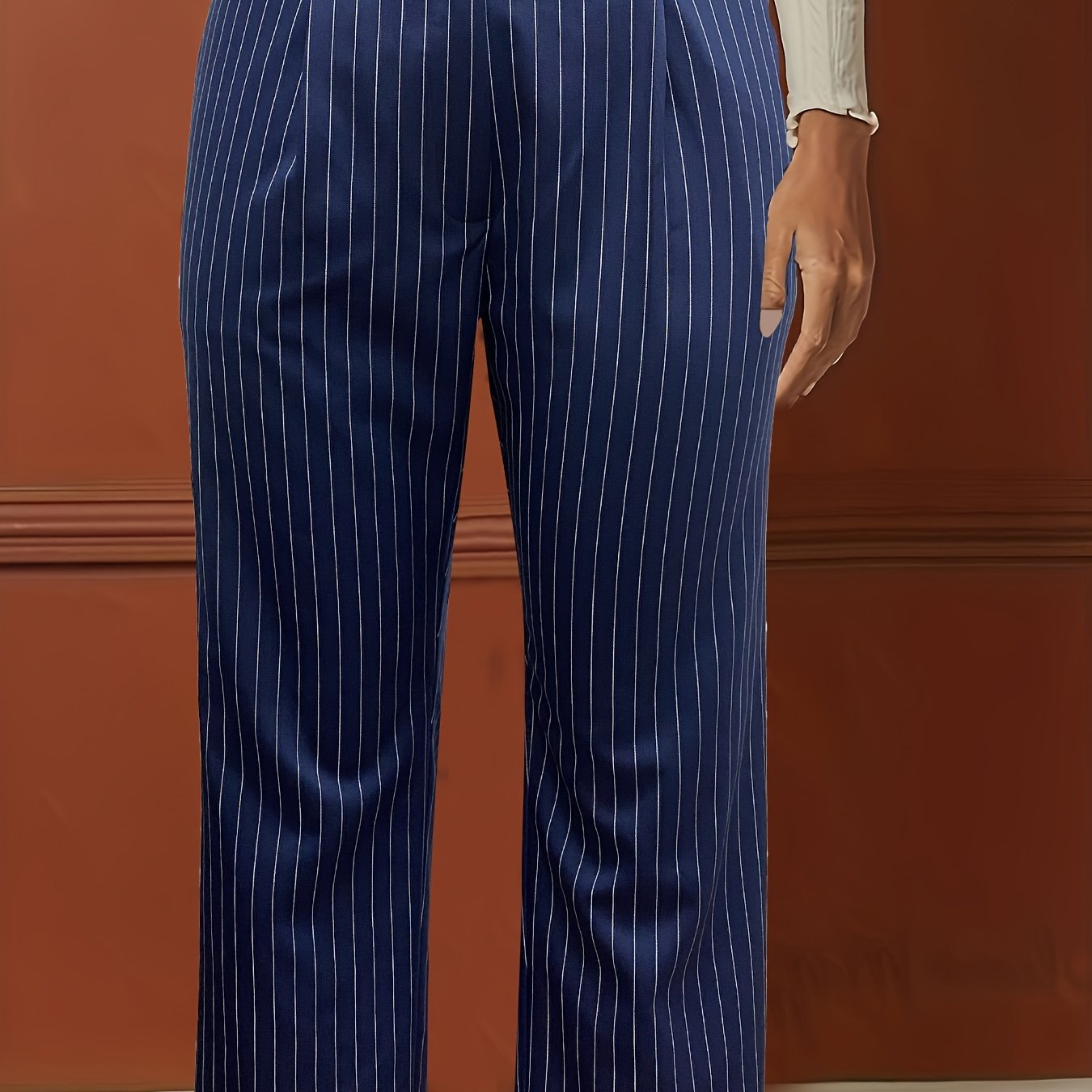  Stripe Print High Rise Straight Leg Trousers