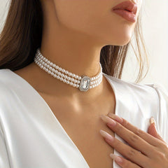 Beaded Faux Gemstone Pearl Choker Necklace Women's Party Jewelry