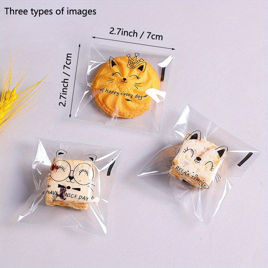 100 DIY Adorable Kittens Candy Bags Self adhesive Cookies Bread Decorative Bags