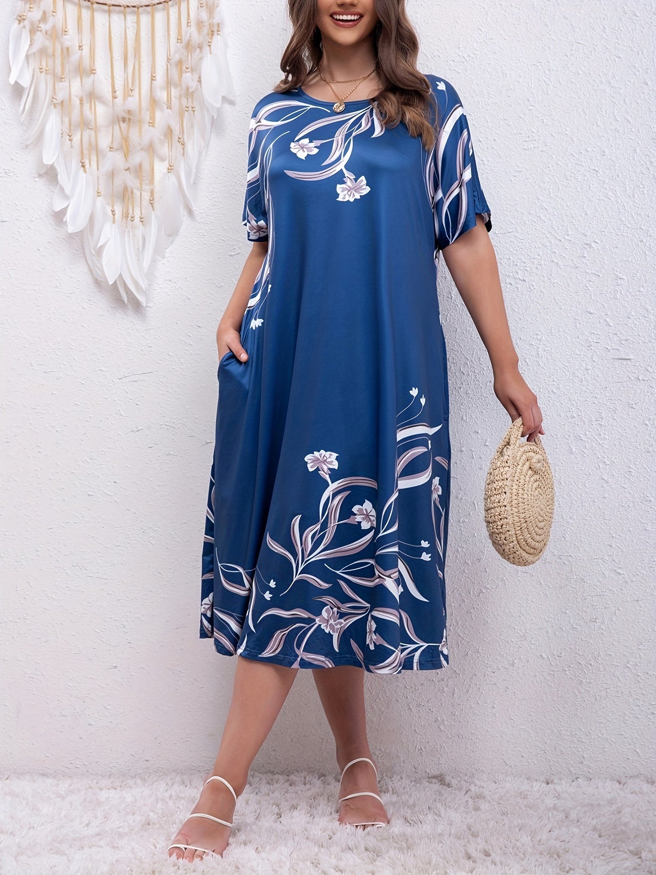  Floral Print Midi Dress with Pockets