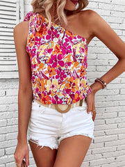Floral Print One Shoulder Tank Top Sleeveless Summer Ruched Vacation Top