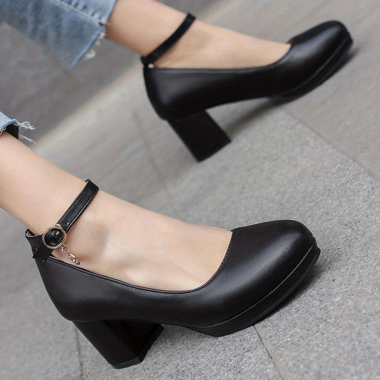 Women's Mid Chunky Heels Comfortable Closed Toe Buckle Strap Shoes