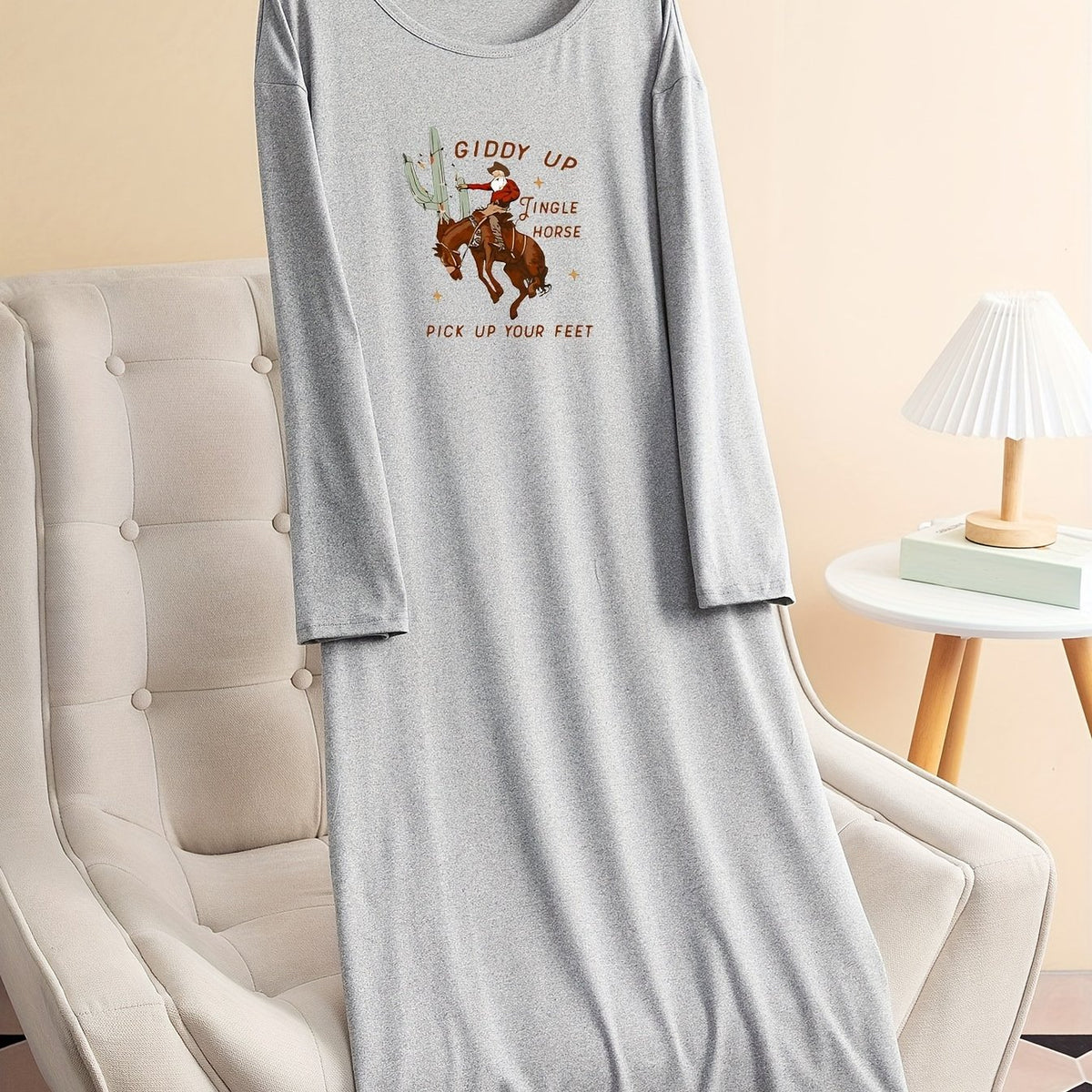  Christmas Lounge Dress Women's Santa & Cactus Print Long Sleeve