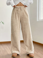  Solid Fleece Elastic Wide Leg Trousers