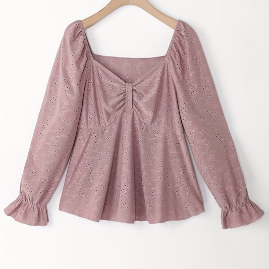 Eyelet Embroidery Flounce Sleeve Peplum Top