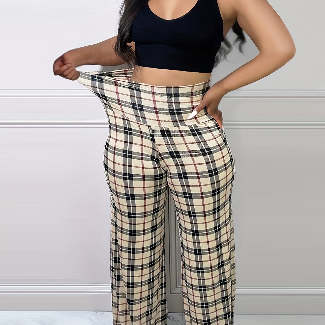 Women's Plus Plaid Print High Rise Wide Leg Workwear Pants