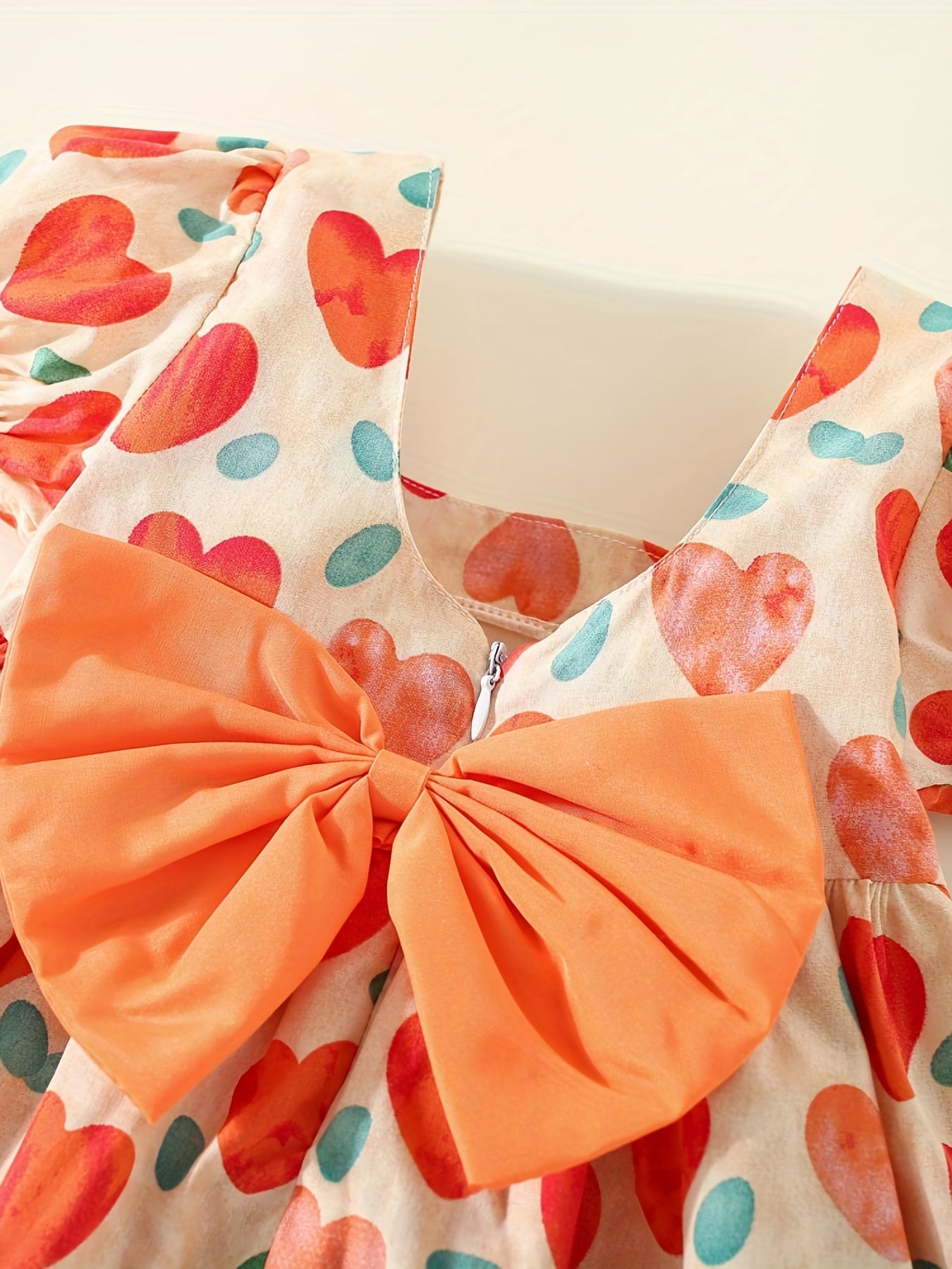 Girl's Heart Print Princess Dress with Puffy Sleeves & Big Bow