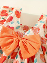 Girl's Heart Print Princess Dress with Puffy Sleeves & Big Bow