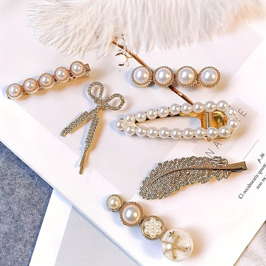 6pcs Rhinestone Pearl Hair Clip Bobby Pin Set Women's Head Jewelry