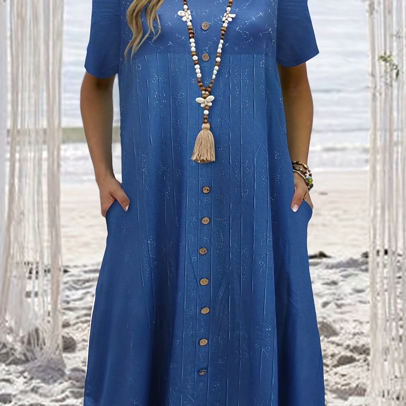 Random Print Button Decor Round Neck Tee Dress