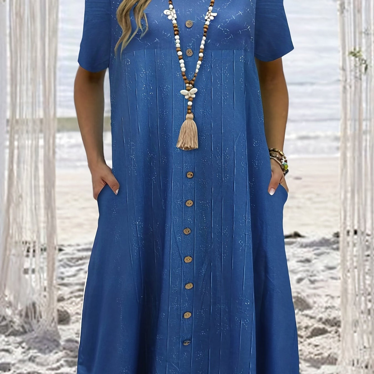 Random Print Button Decor Round Neck Tee Dress