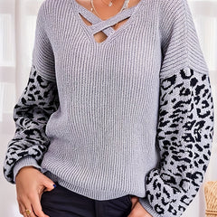  Leopard Print V Neck Pullover Sweater