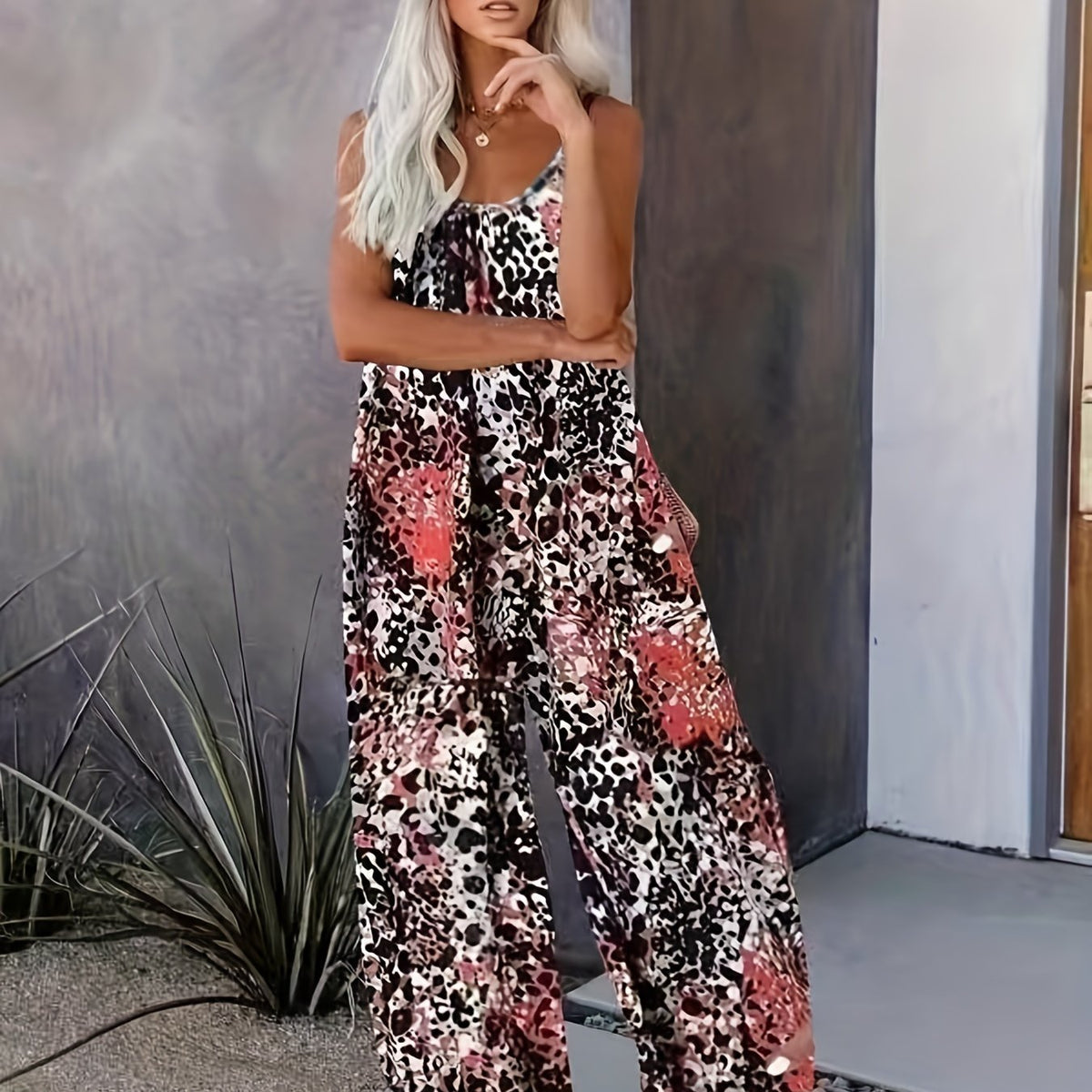  Leopard Print V Neck Cami Jumpsuit
