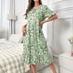 Geometric Pattern NightDress Short Sleeve Ruffle Pajama Dress