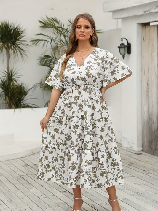  Floral Print V Neck Maxi Smock Dress