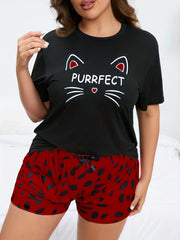  Kitten Print Tee & Bow Detail Dotted Pants Lounge Set