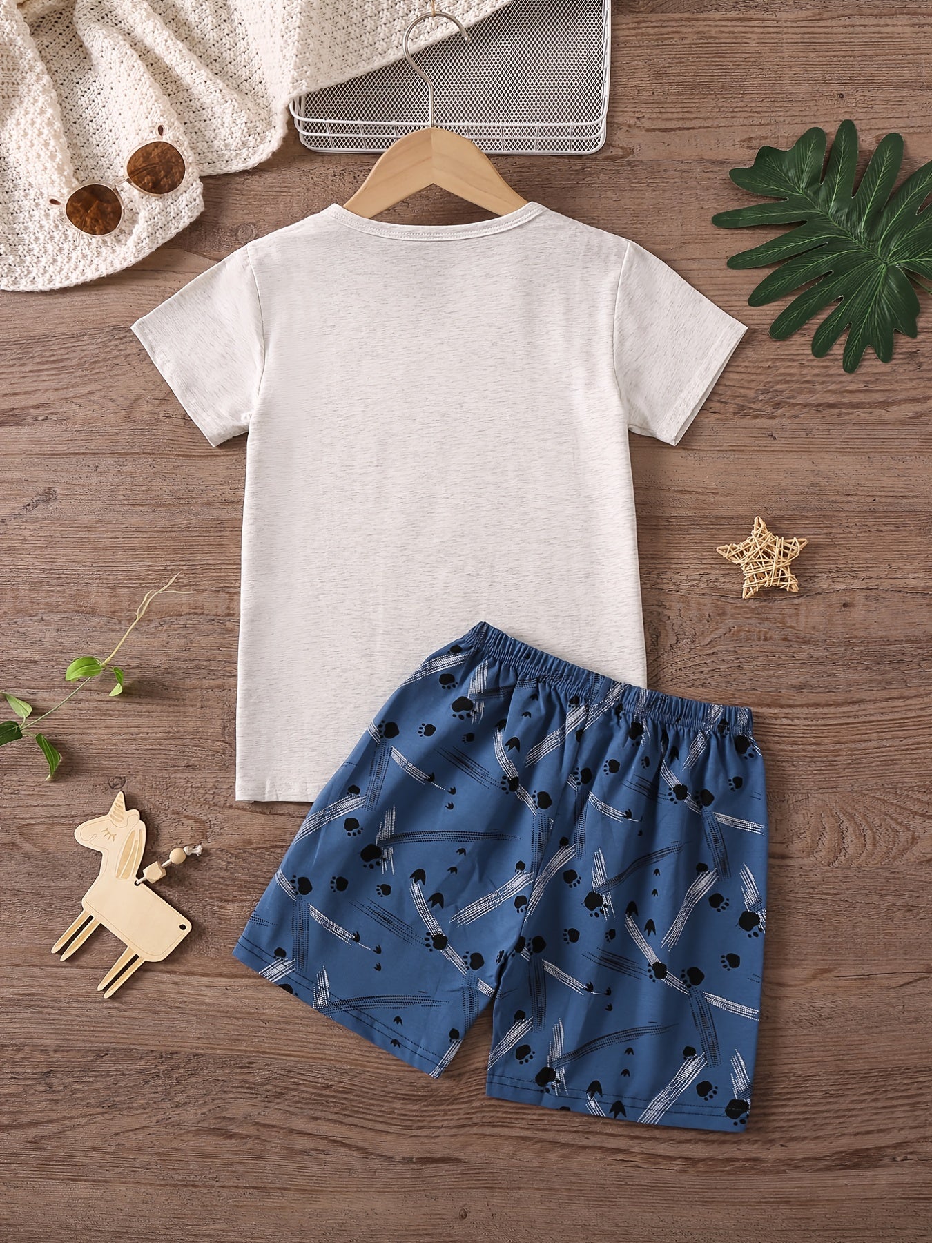 Boys Bear Print Pajama Set Crew Neck Top & Bear Paw Shorts Kids Clothes