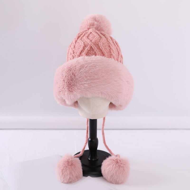 Fur Beanie Hat With Pom Pom Fuzzy Trapper Hat Ears Warm Knit Cap
