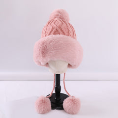 Fur Beanie Hat With Pom Pom Fuzzy Trapper Hat Ears Warm Knit Cap